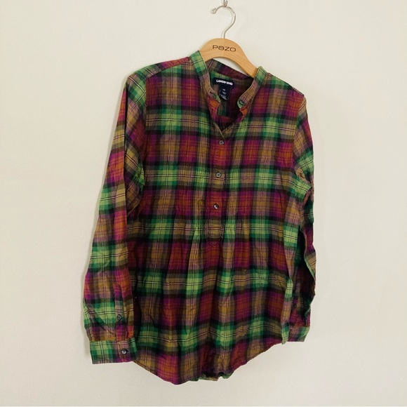 Lands end size 14 green maroon plaid button - Picture 1 of 5